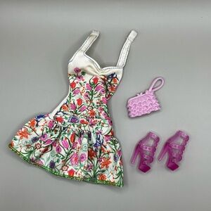 Barbie Doll Floral Garden Halter Dress Ruffle Purse Translucent Heels Outfit